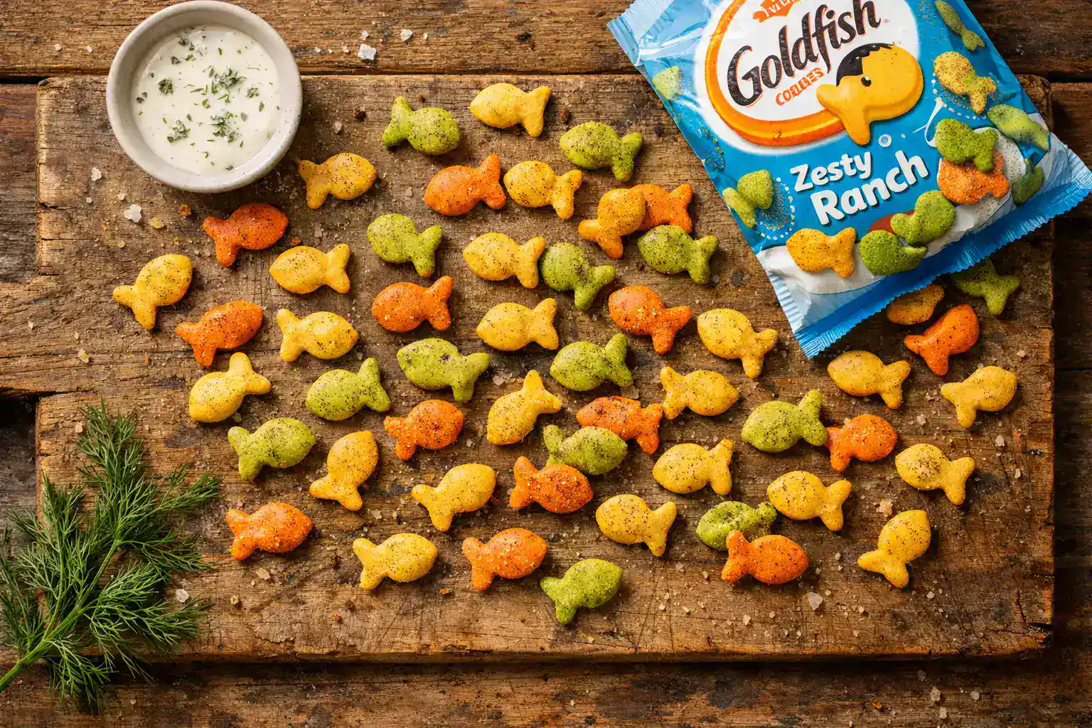 Fresh Goldfish Zesty Ranch crackers on rustic wooden table - 140 calories per 30g serving