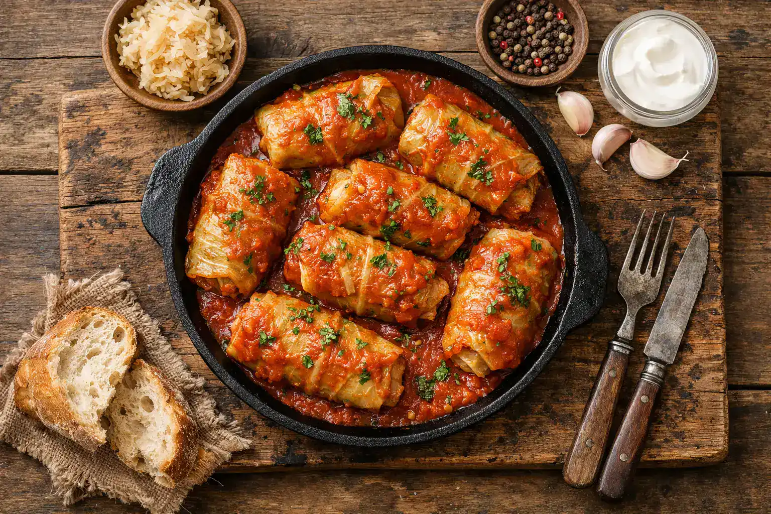 Fresh golombki Polish stuffed cabbage rolls on rustic wooden table - 280 calories per 2 rolls