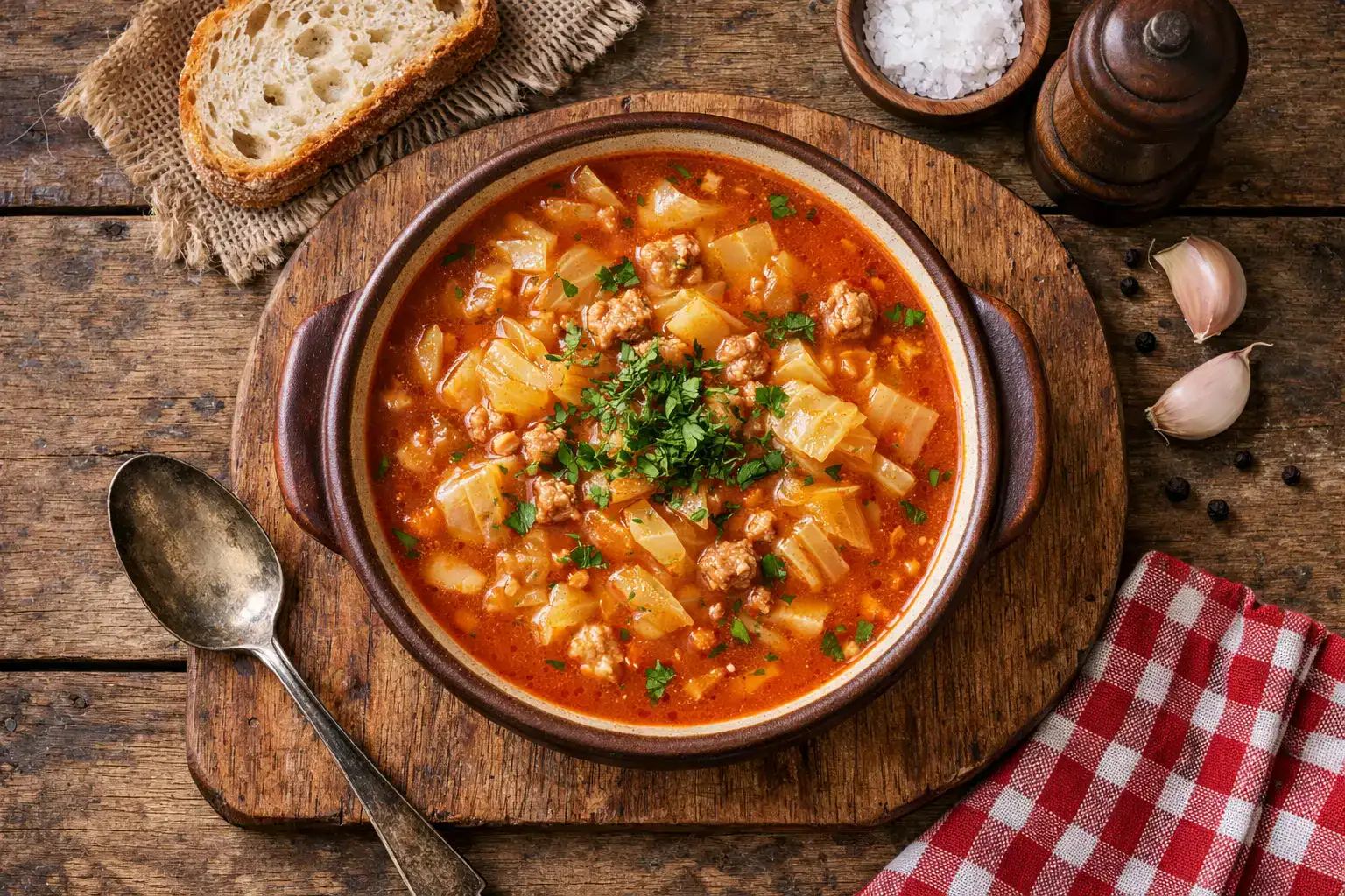 Frische Golombki-Suppe auf rustikalem Holztisch – 150 Kalorien pro Tasse