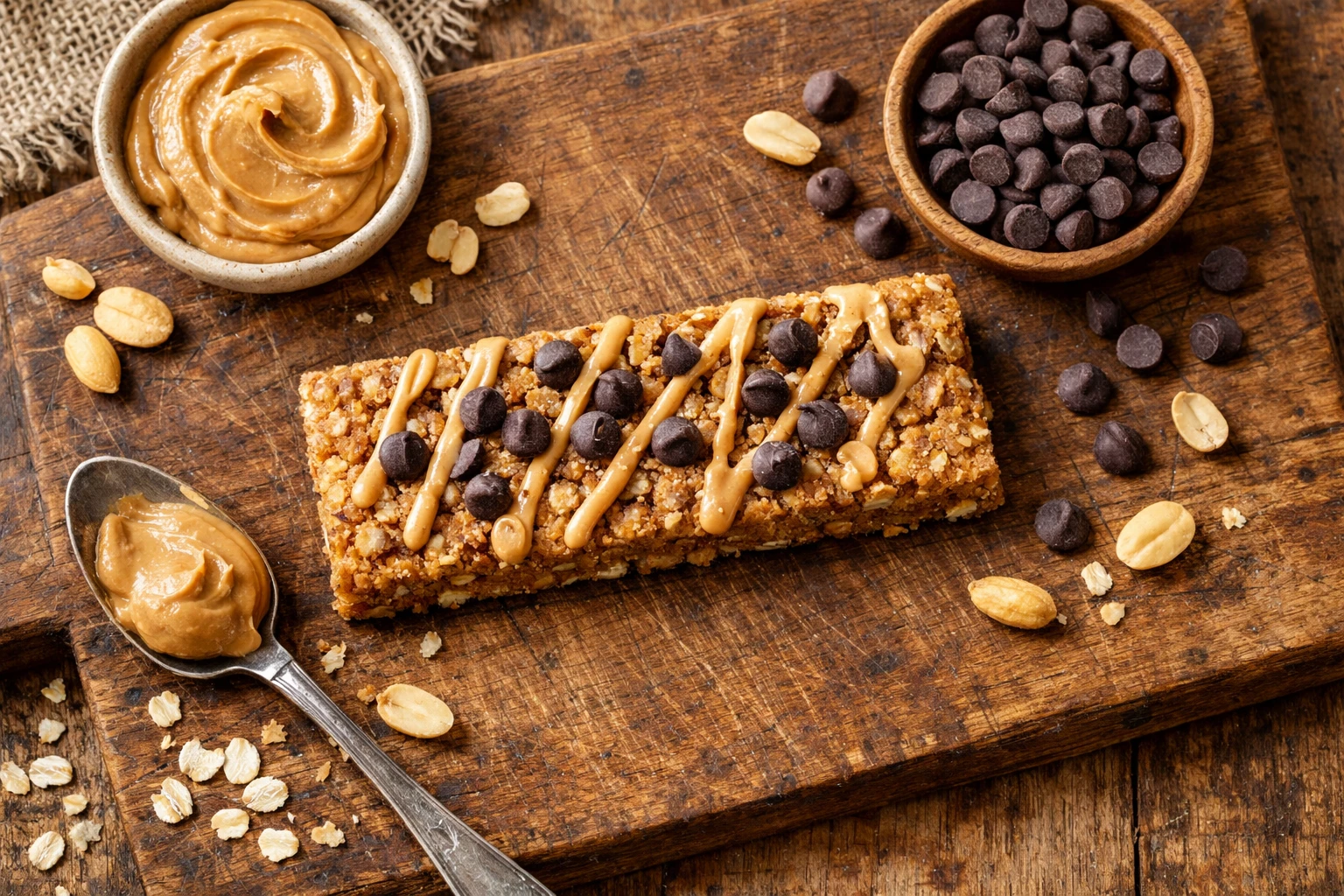 GoMacro peanut butter chocolate chip bar on rustic wooden board - 250 calories per bar