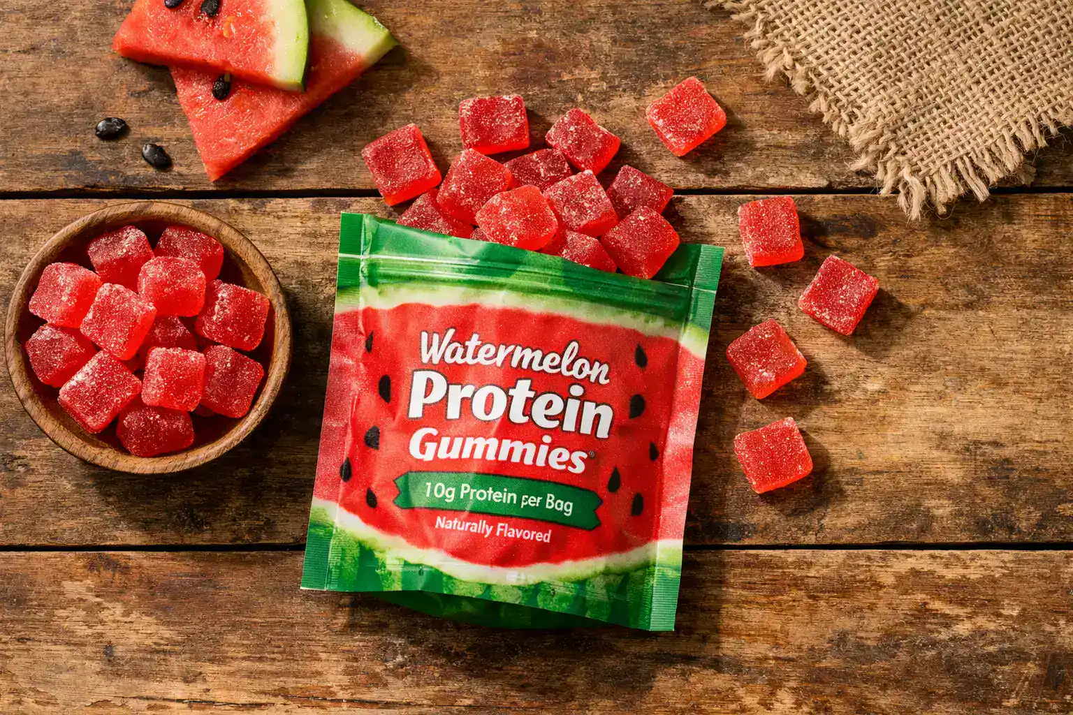 Good Gummies Protein Gummies Watermelon on rustic wooden table - 90 calories per 40g pouch