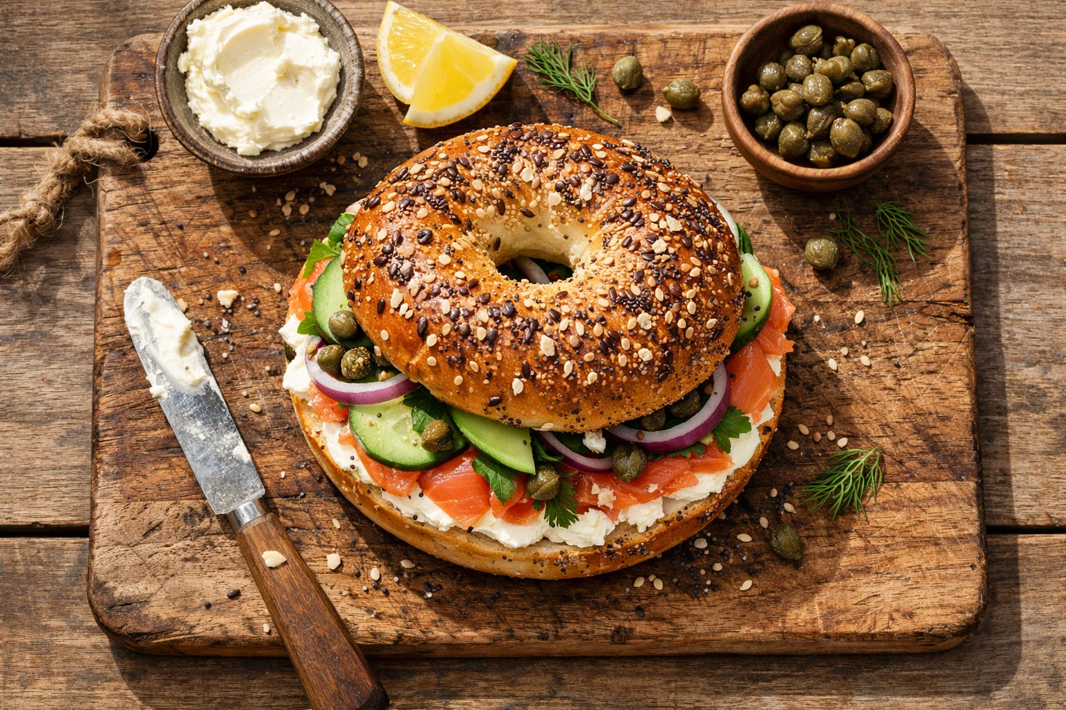 Frischer Gourmet-Bagel auf rustikalem Holztisch - 270 Kalorien pro Bagel
