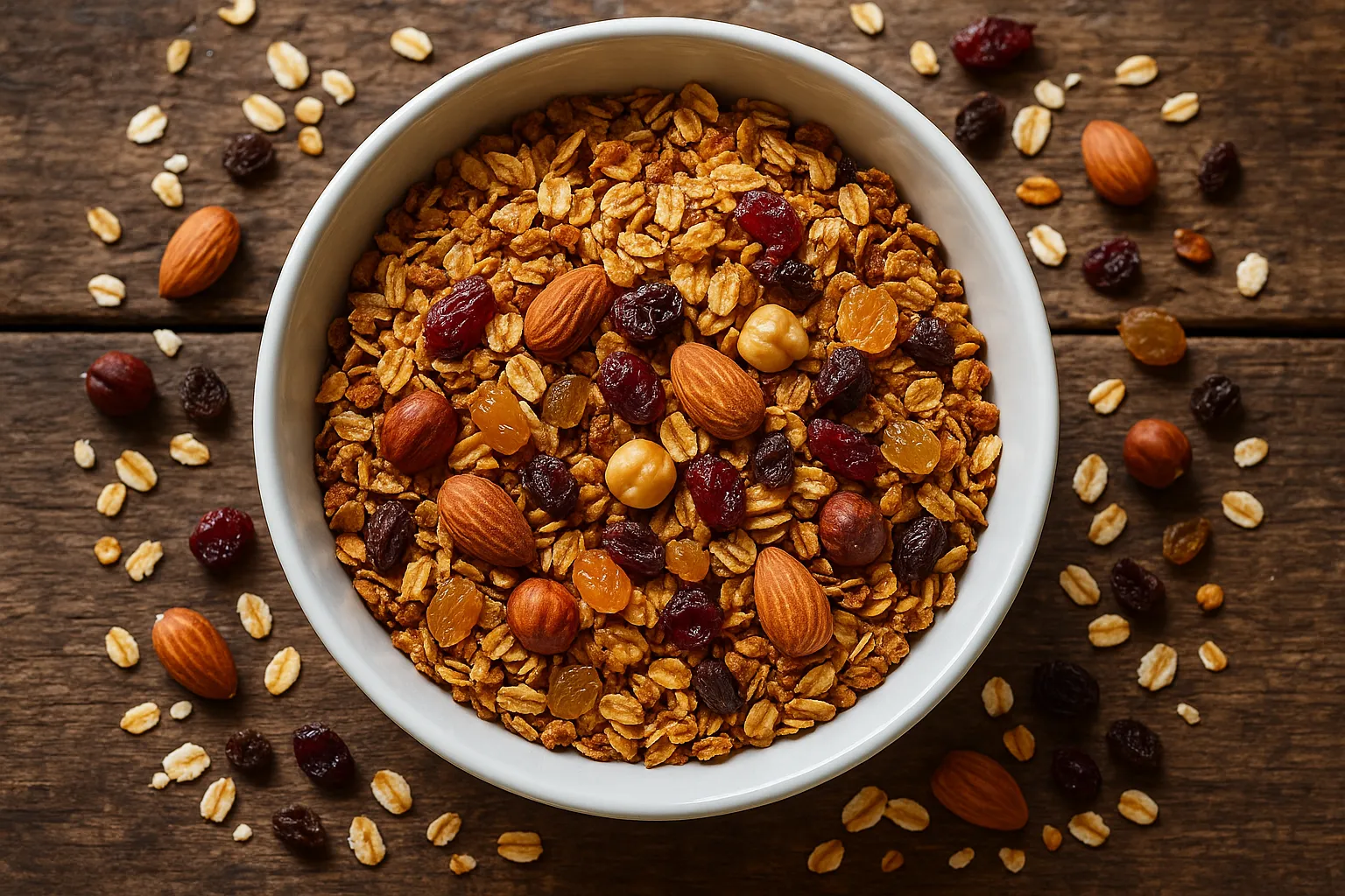 Fresh granola on rustic wooden table - 490 calories per 100g