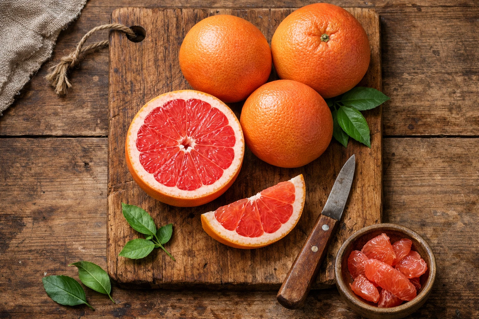 Fresh pink grapefruit on rustic wooden table - 42 calories per 100g