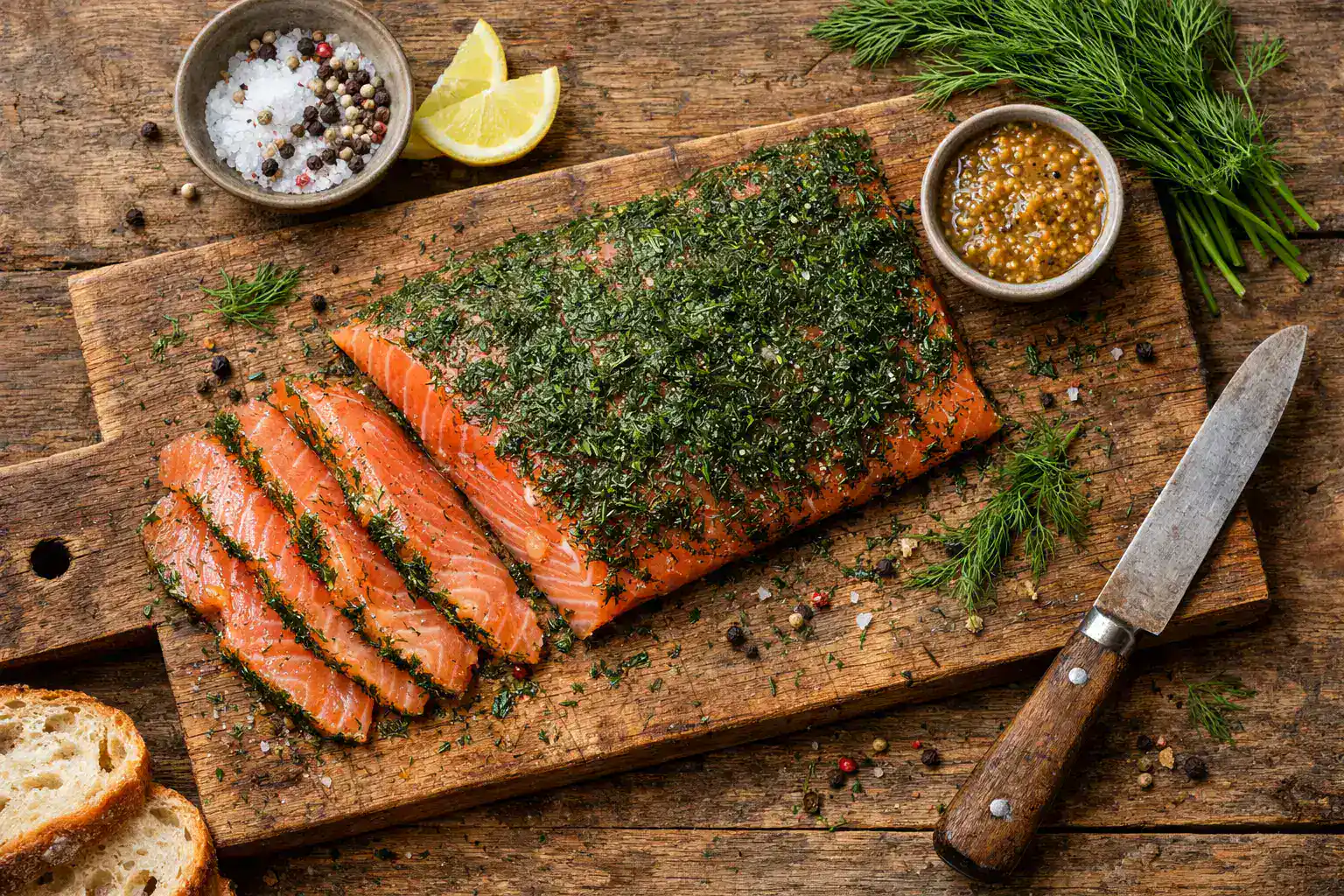 Fresh gravlax cured salmon on rustic wooden table - 180 calories per 100g