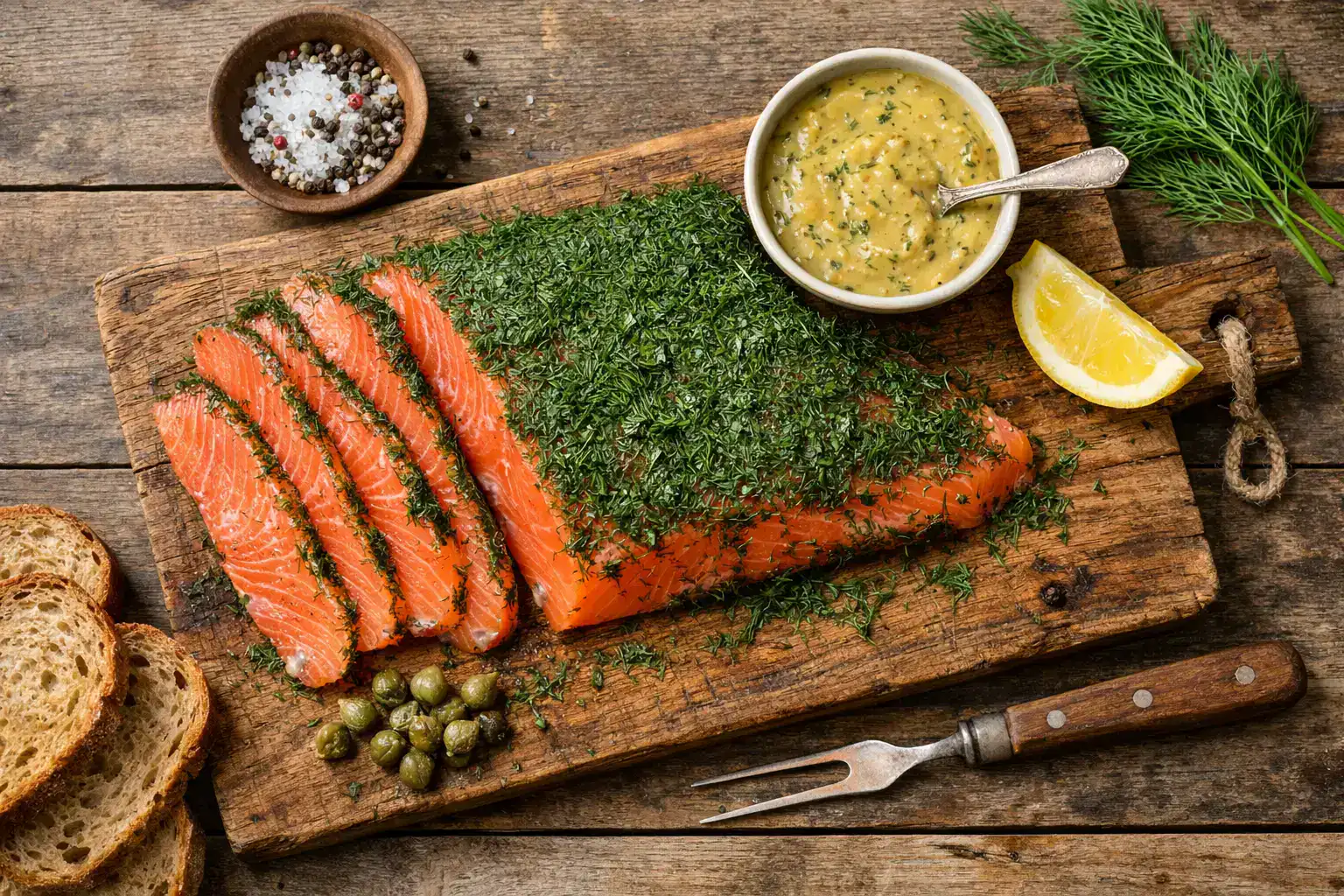 Gravlax frais de saumon mariné sur table en bois rustique - 180 calories pour 100 g