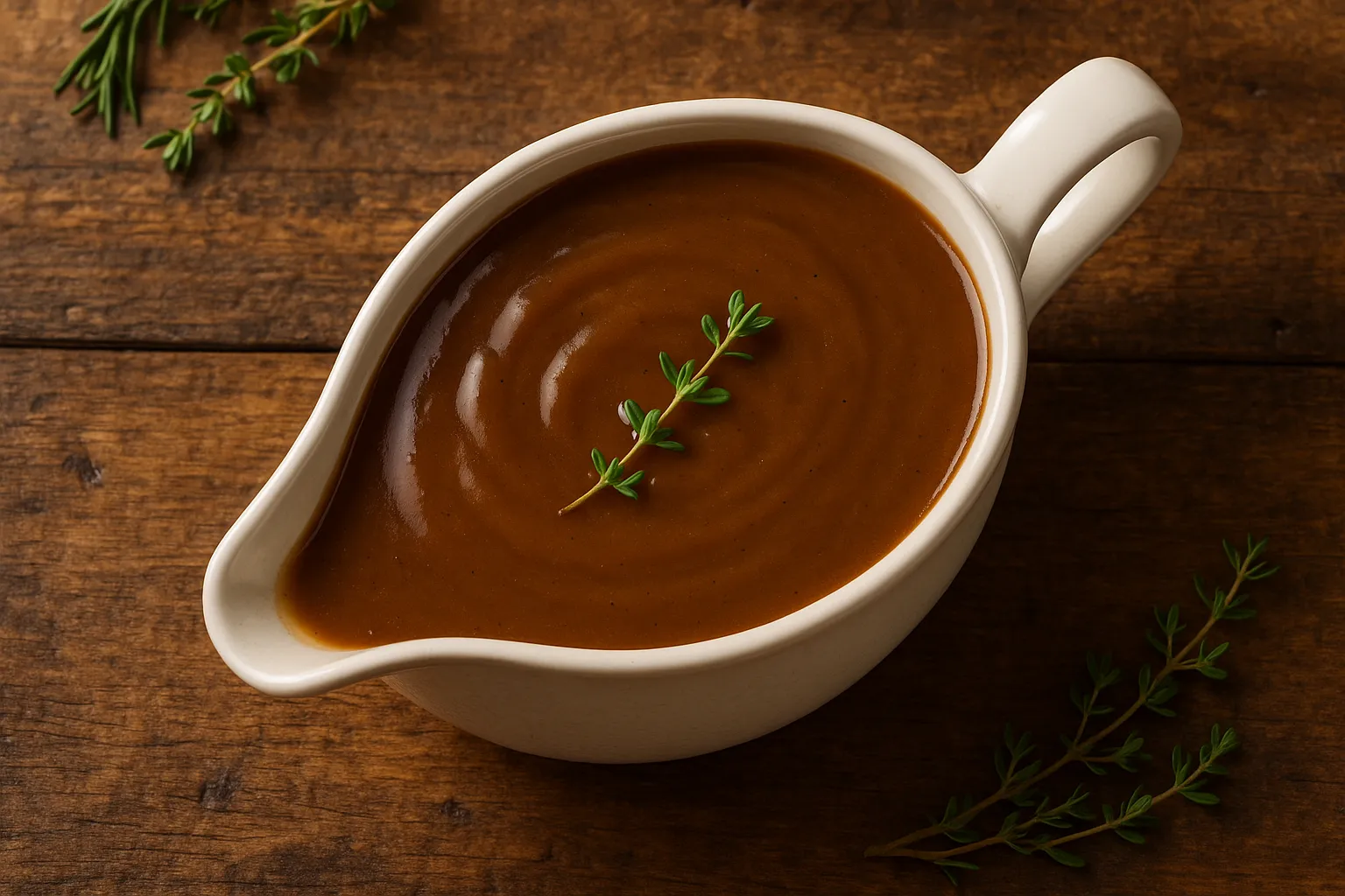 Fresh brown gravy on rustic wooden table - 32 calories per 1/4 cup