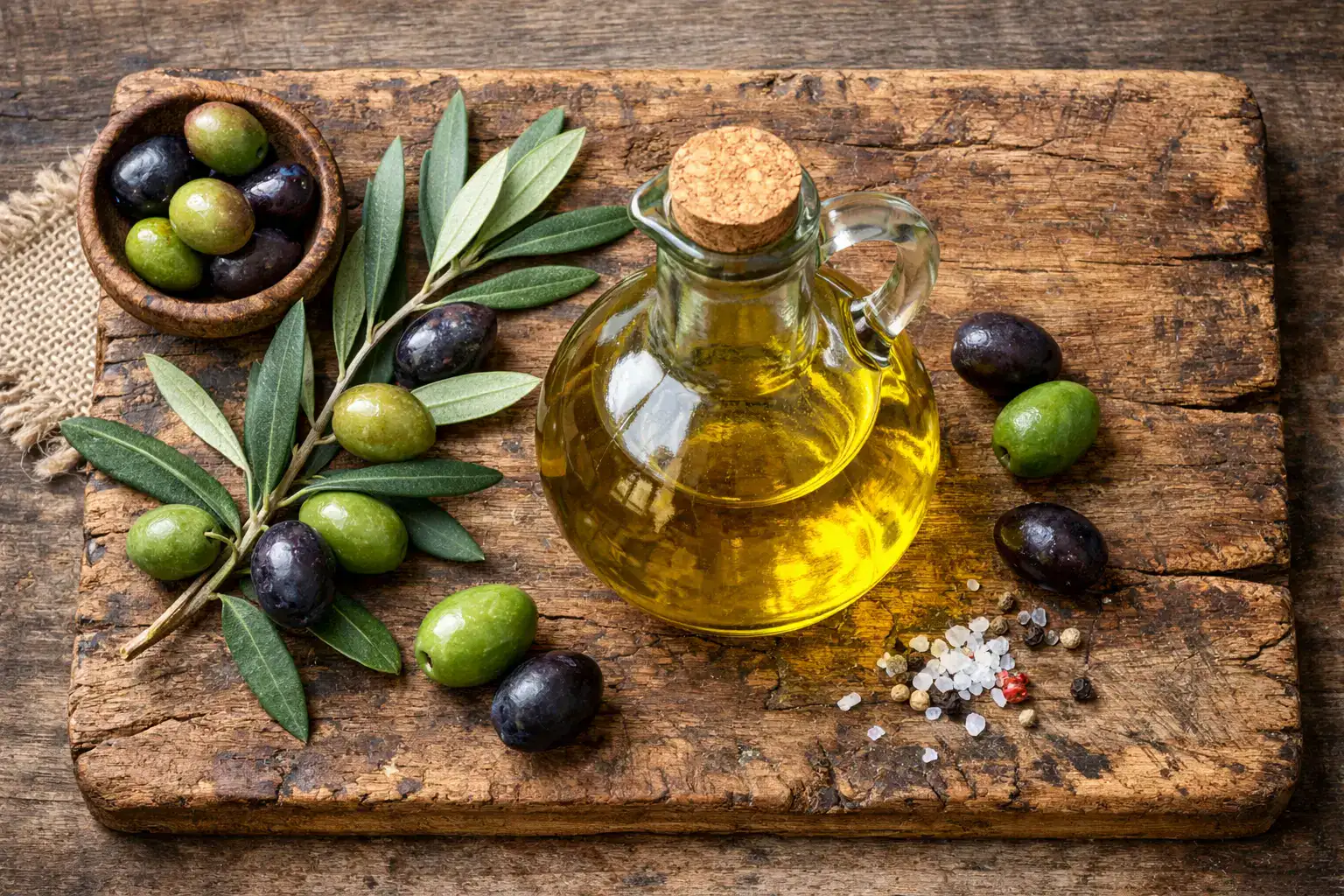 Fresh extra virgin olive oil on rustic wooden table - 120 calories per tablespoon