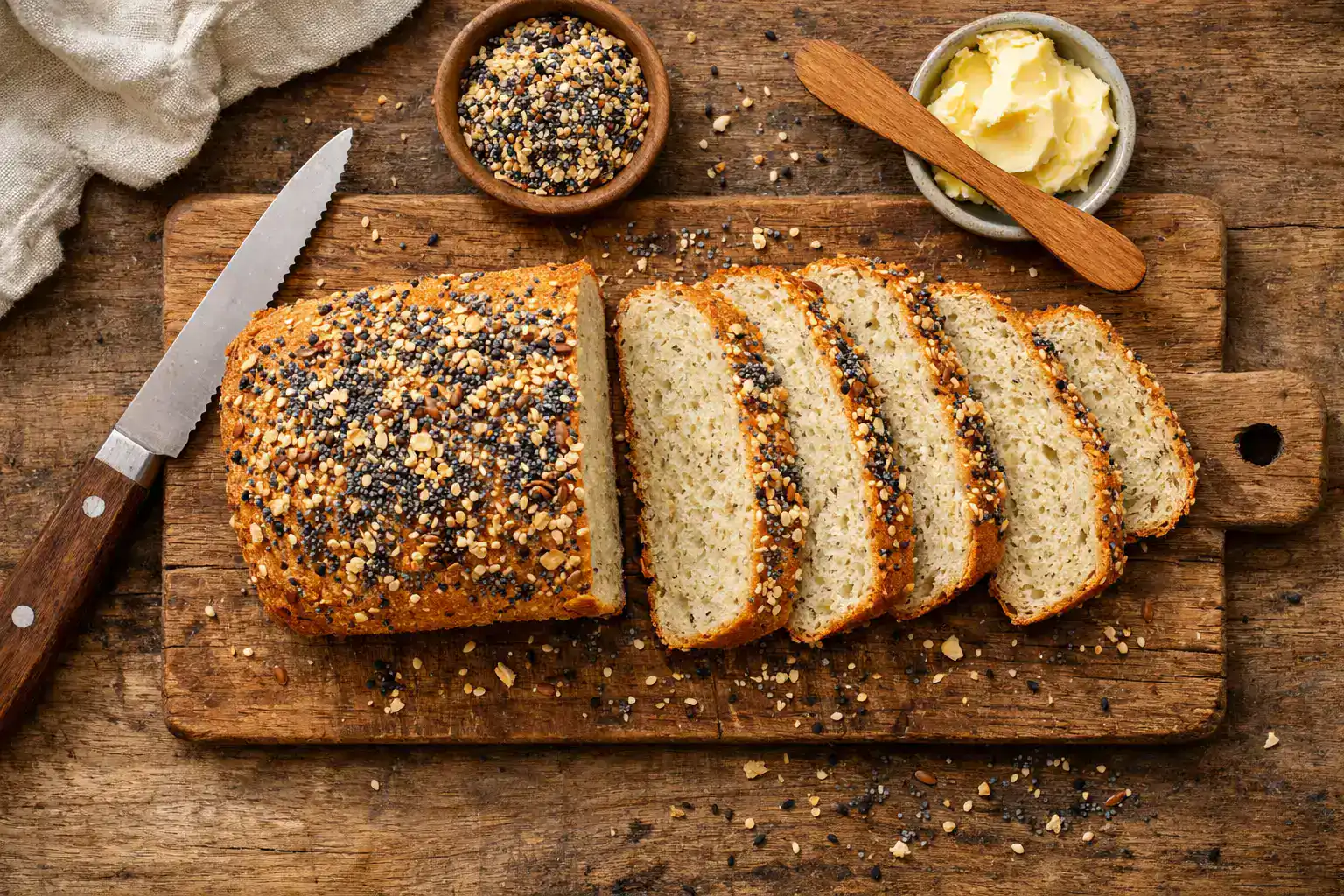 Fresh Great Low Carb Everything Bread on rustic wooden table - 50 calories per slice