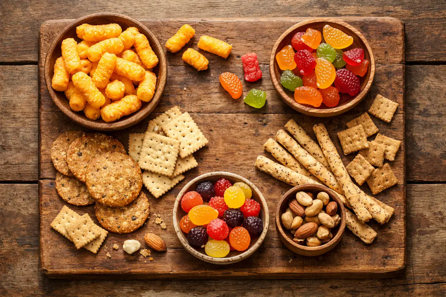 Snacks Great Value sin colorantes variados sobre mesa de madera rústica - 90-150 calorías por ración