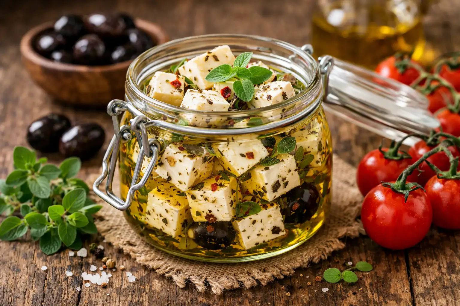 Fresh Greek feta in olive oil on rustic wooden table - 264 calories per 100g