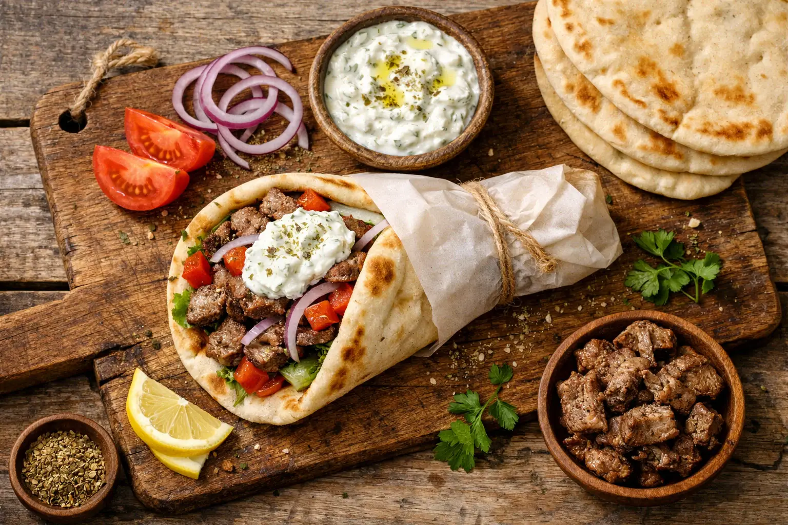 Wrap de gyros grec frais sur table en bois rustique - 415 calories par wrap