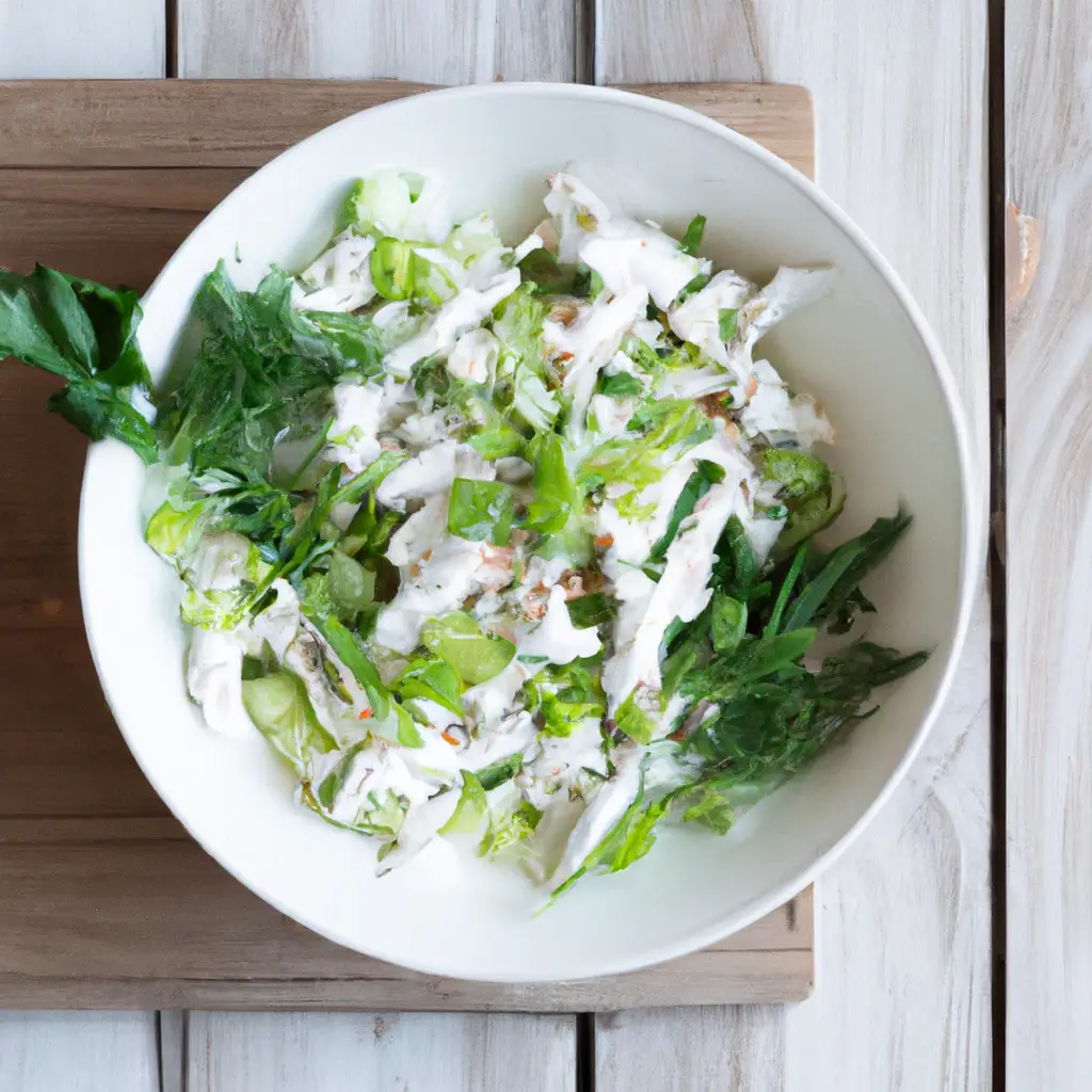 Greek Yogurt Chicken Salad in a white bowl showing creamy high-protein chicken salad with celery and fresh dill