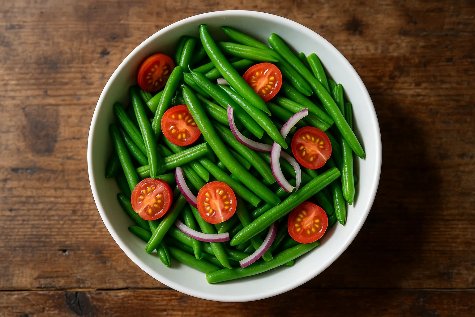 Frischer grüne Bohnen Salat auf rustikalem Holztisch - 44 Kalorien pro Tasse