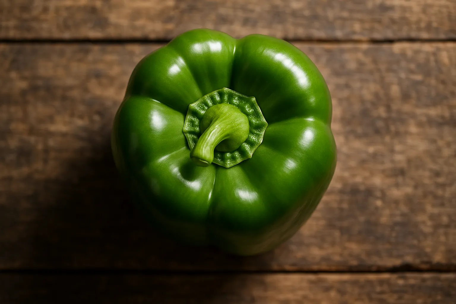 Frische grüne Paprika auf rustikalem Holztisch - 24 Kalorien pro mittelgroßer Paprika