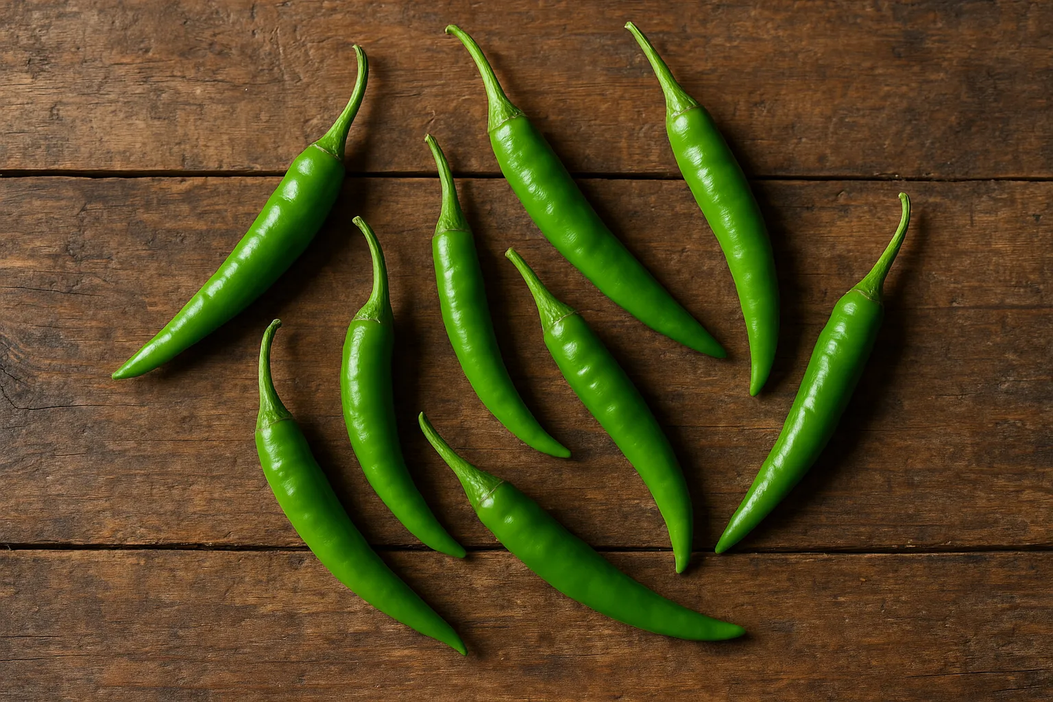Frische grüne Chili auf rustikalem Holztisch - 40 Kalorien pro 100g