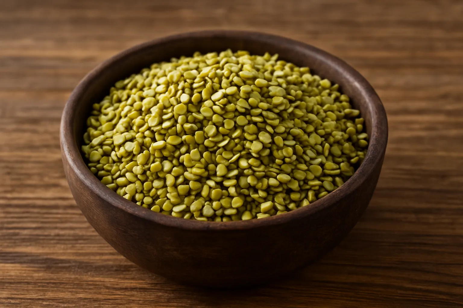 Fresh green gram moong dal on rustic wooden table - 105 calories per 100g
