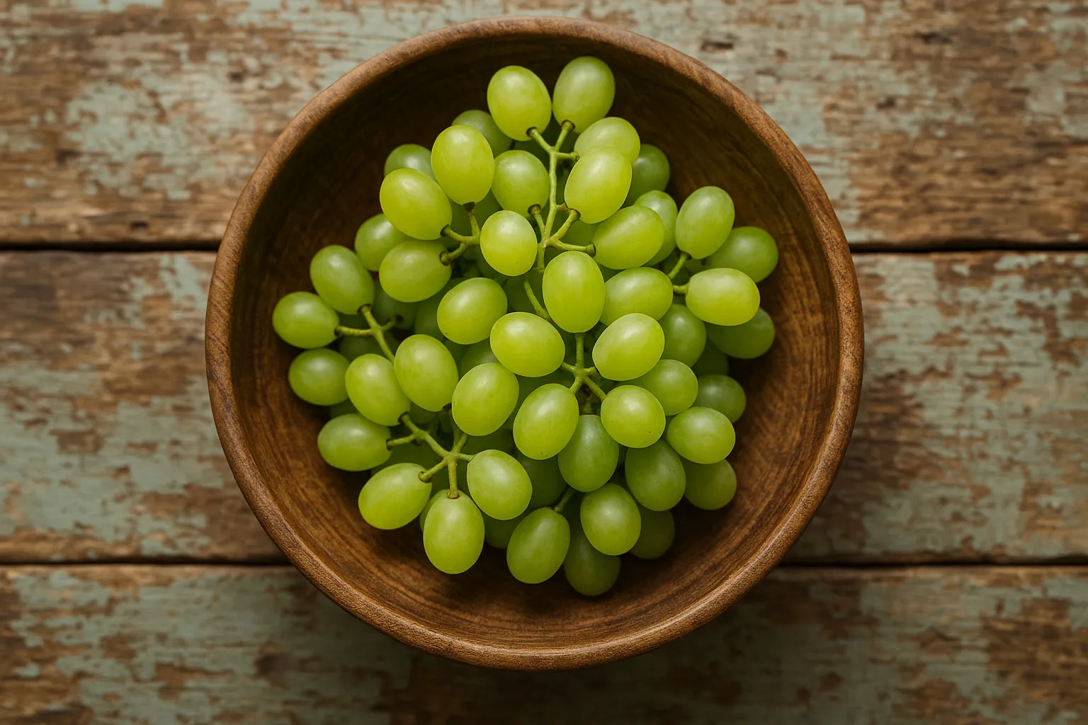 Fresh green grapes on rustic wooden table - 69 calories per 100g