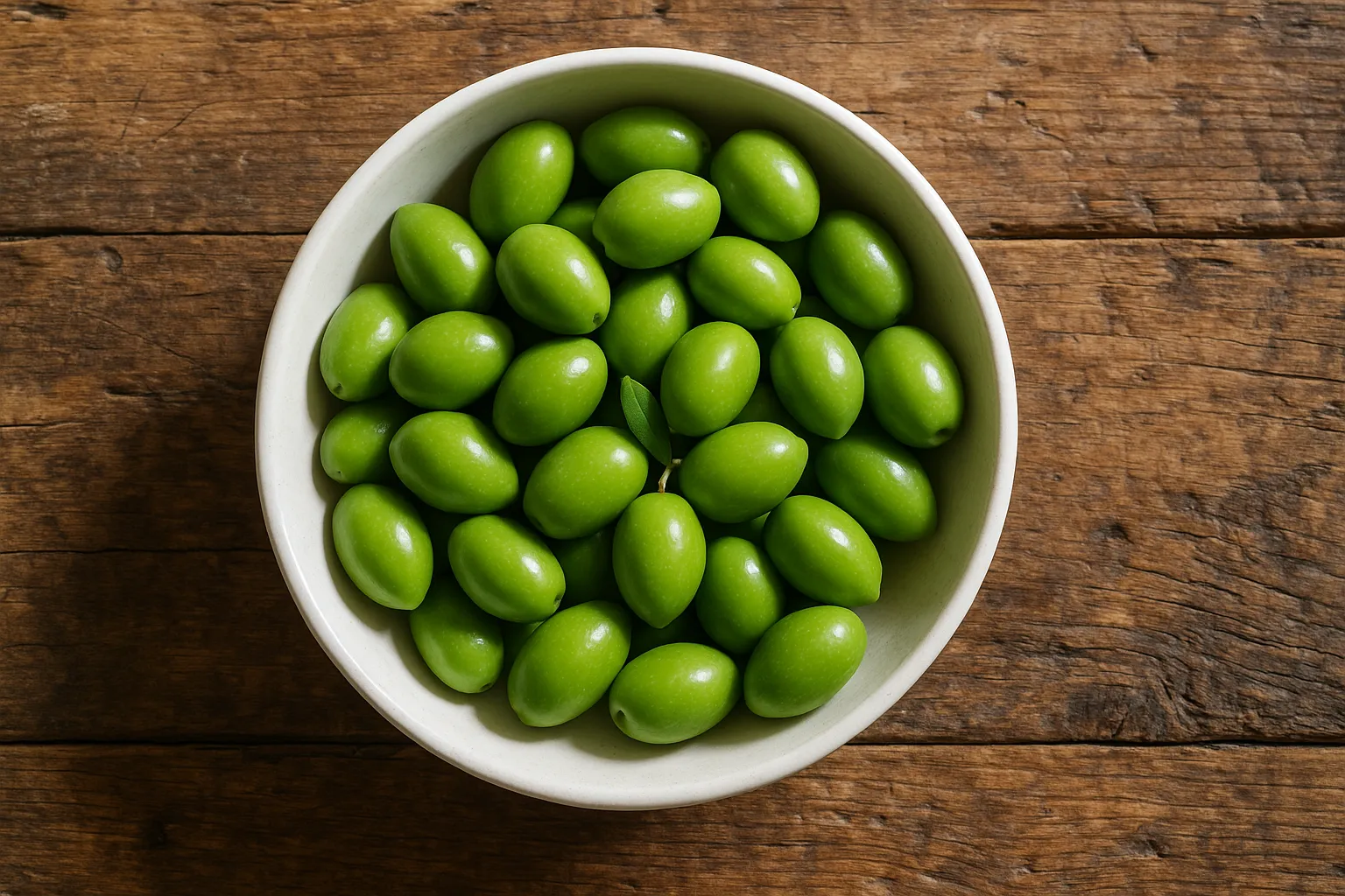 Aceitunas verdes frescas en mesa de madera rústica - 49 calorías por 10 aceitunas