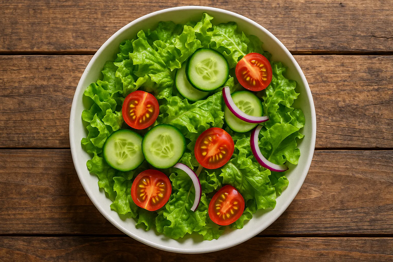 Ensalada verde fresca con lechuga y verduras sobre mesa de madera rústica - 15 calorías por taza