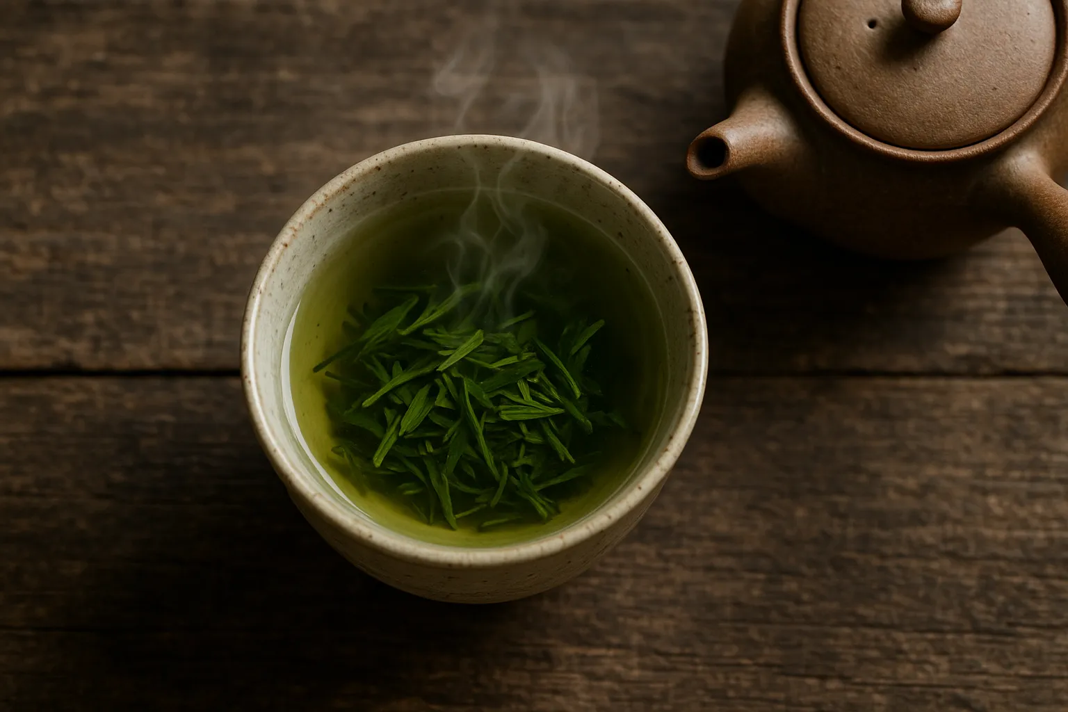 Té verde fresco sobre mesa de madera rústica - 1 caloría por 100 ml