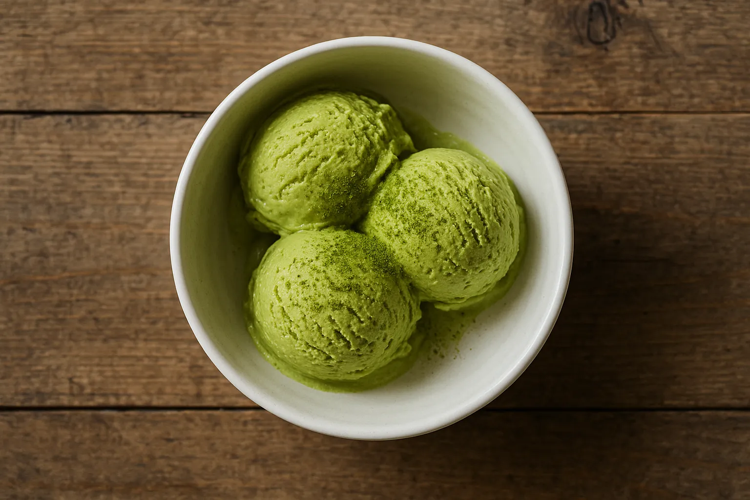 Fresh green tea ice cream on rustic wooden table - 160 calories per 100g