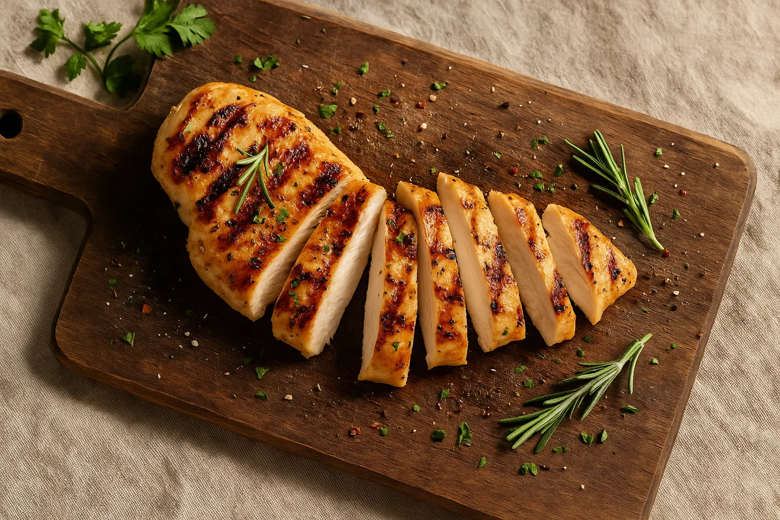 Fresh grilled chicken breast on rustic wooden table - 165 calories per 100g