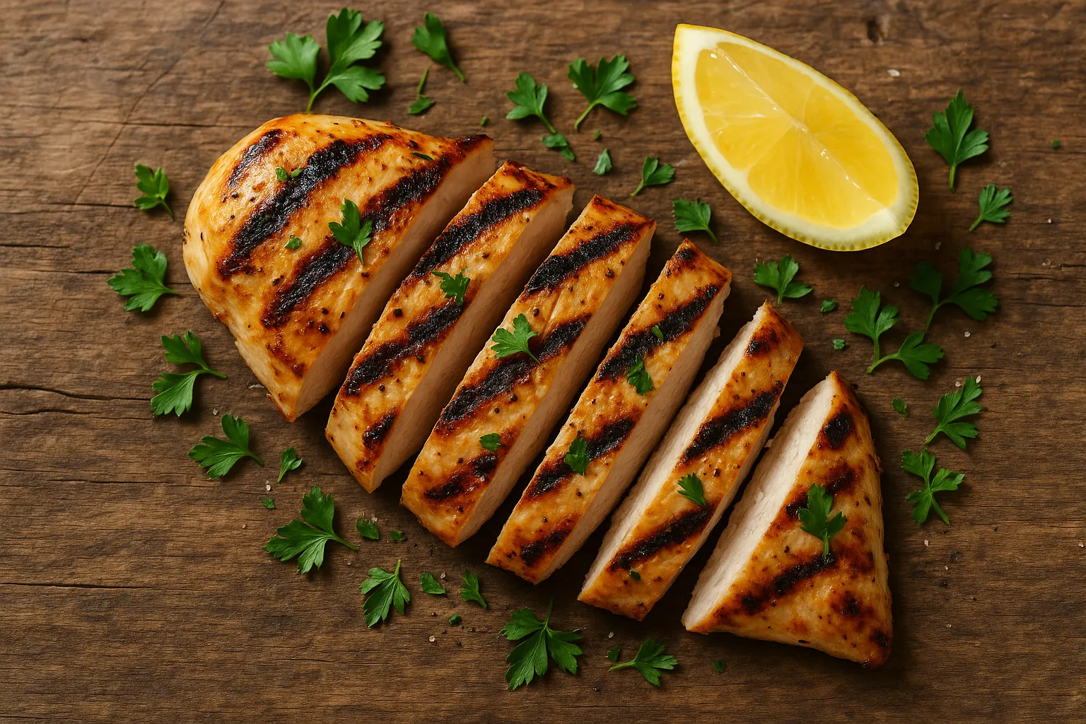 Frisches gegrilltes Hähnchen auf rustikalem Holztisch - 165 Kalorien pro 100 g