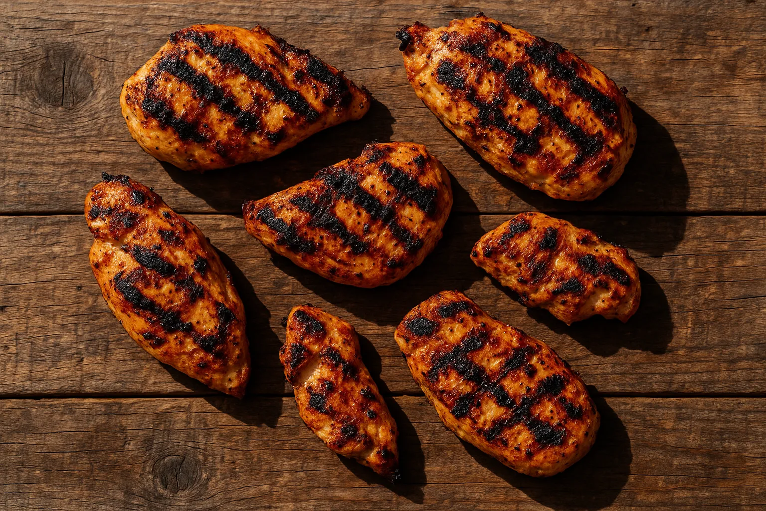 Morceaux de poulet grillé sur table en bois rustique - 165 calories pour 100g