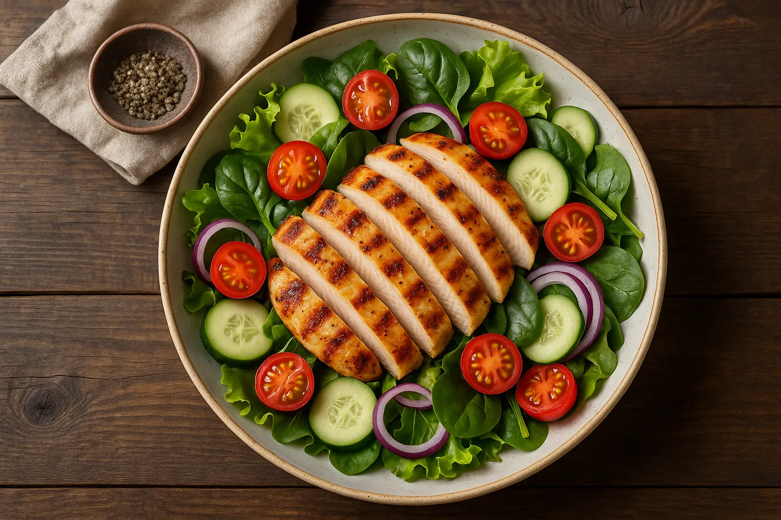 Salade fraîche de poulet grillé sur table rustique en bois - 140 calories par 100 g