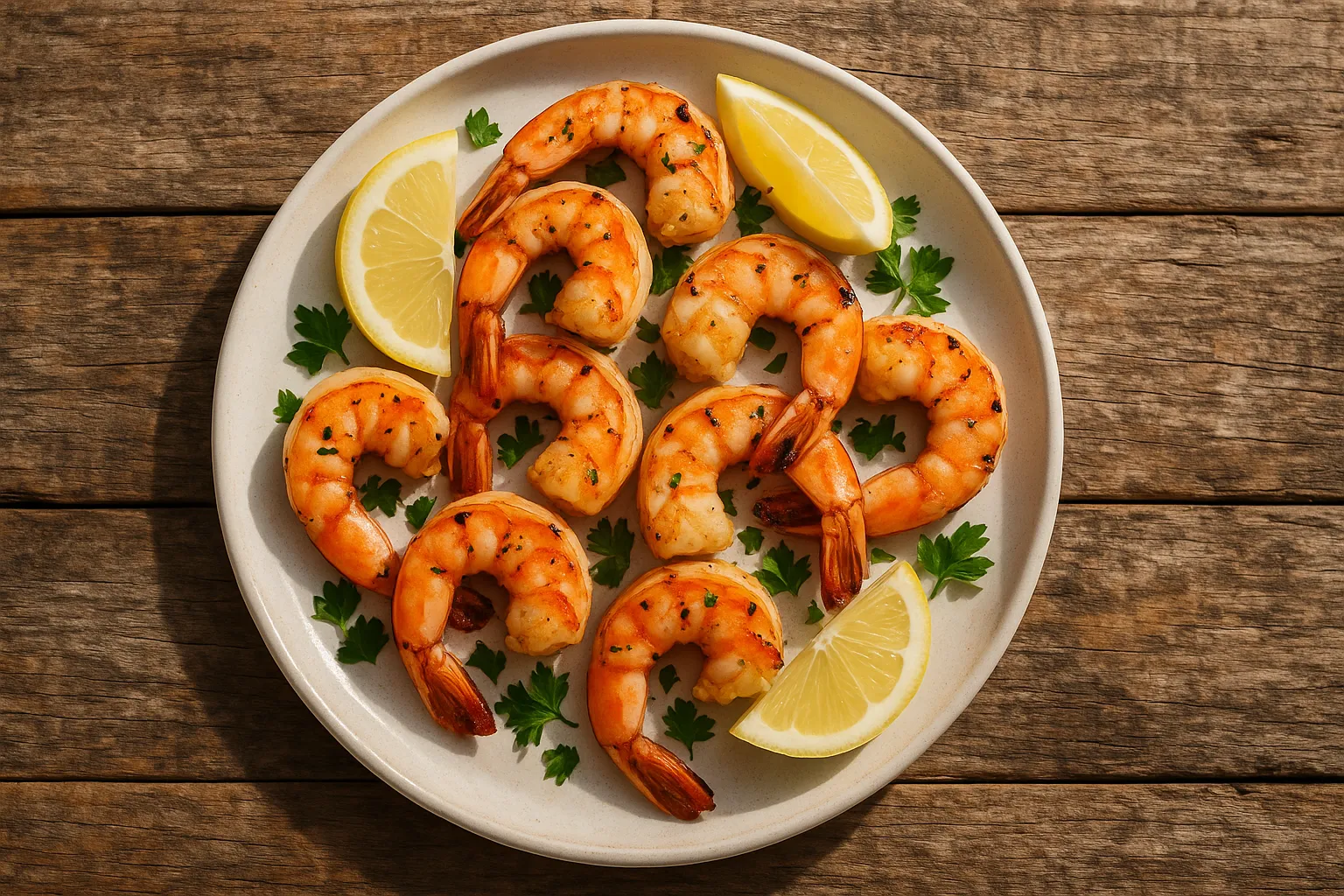 Camarones a la parrilla frescos en mesa de madera rústica - 99 calorías por 100g