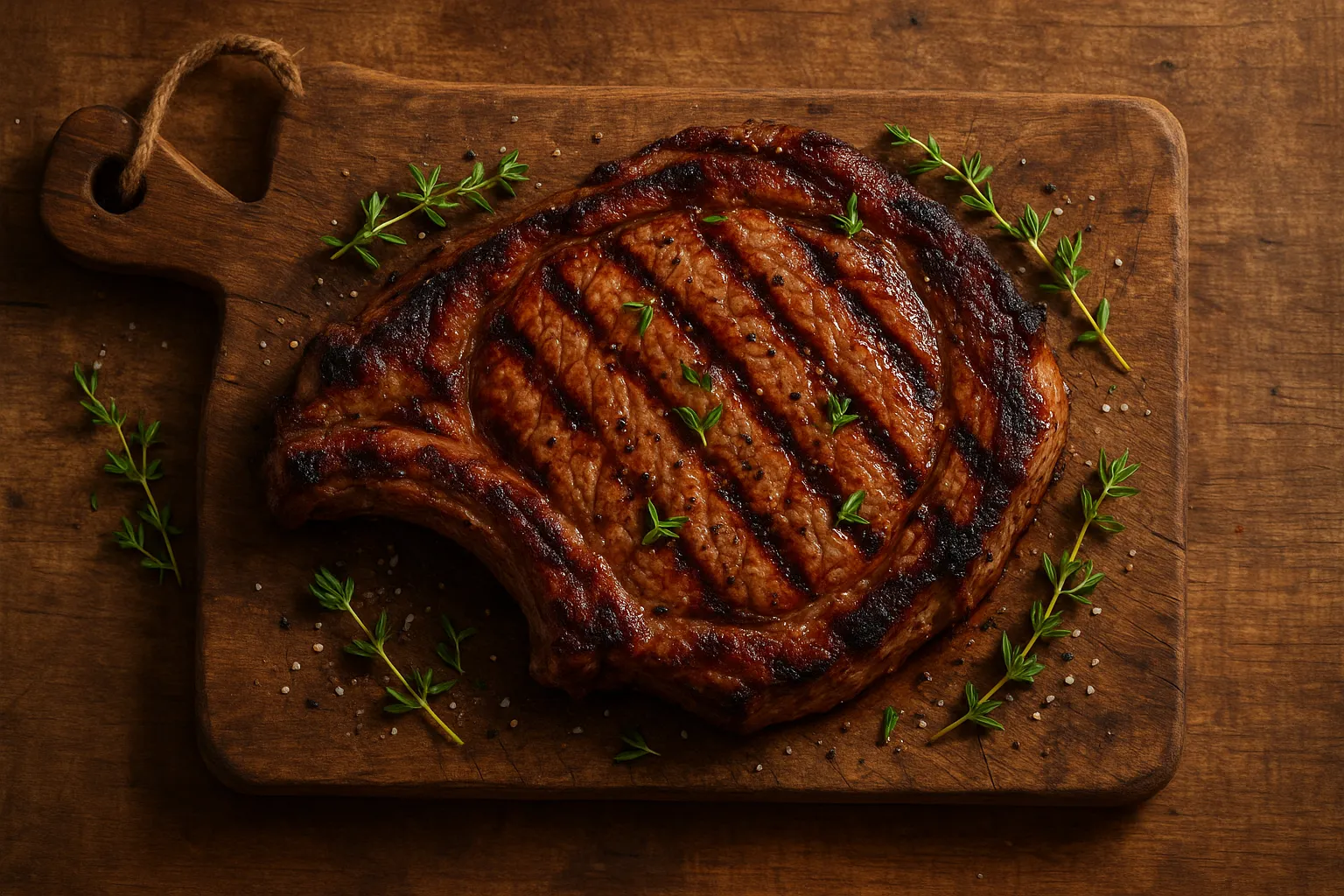 Steak grillé frais sur table rustique en bois - 250 calories par 100 g
