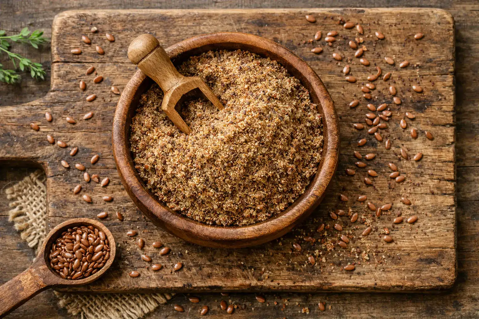 Fresh ground flaxseed on rustic wooden table - 37 calories per tablespoon