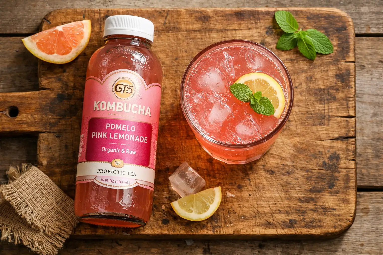 GT's Pomelo Pink Lemonade Kombucha fresca sobre mesa de madera rústica - 60 calorías por botella