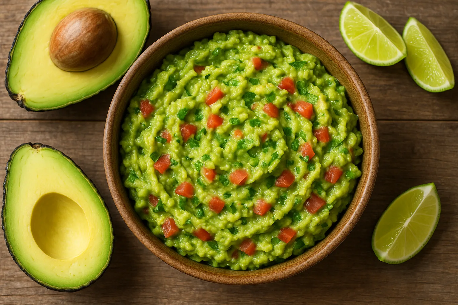 Frische Guacamole auf rustikalem Holztisch - 192 Kalorien pro 1/2 Tasse