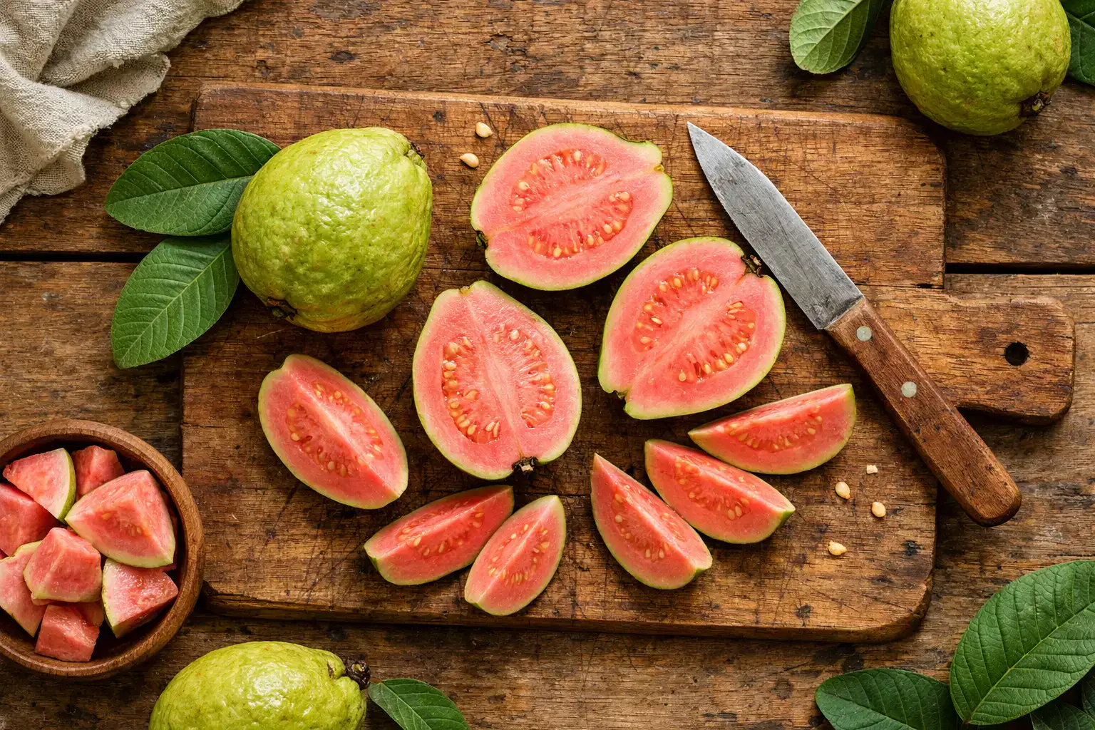 Guayaba fresca sobre mesa de madera rústica - 68 calorías por guayaba mediana