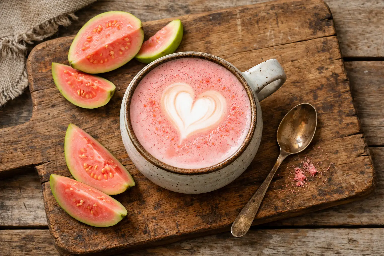 Latte de guayaba fresco en mesa rústica de madera - 180 calorías por porción de 12 oz