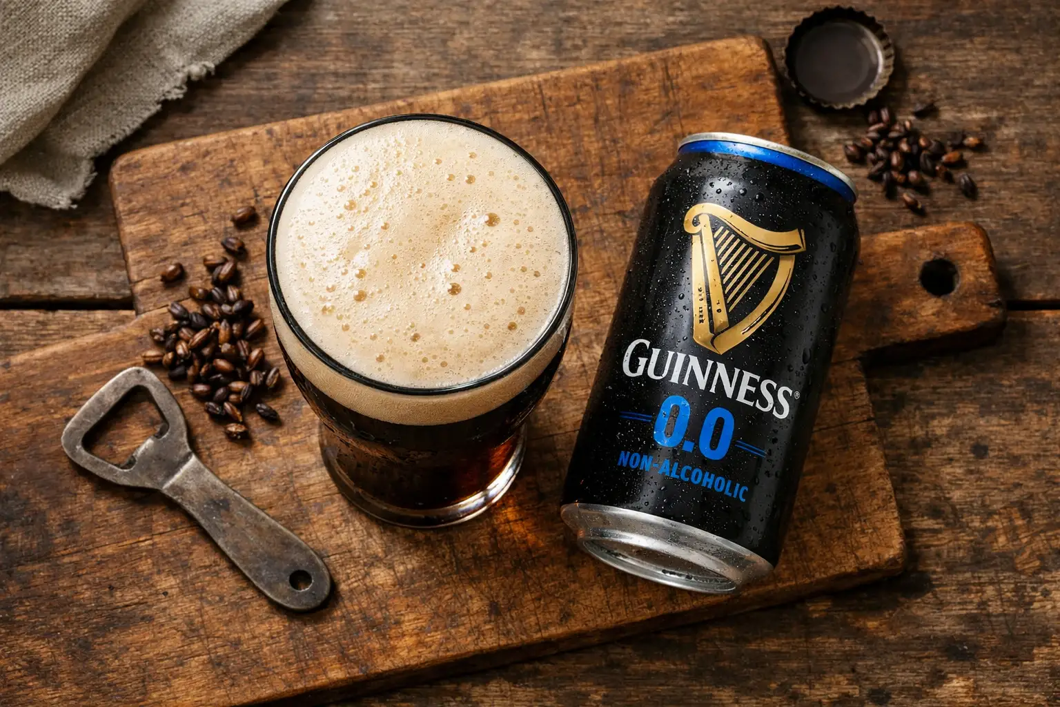ताज़ा Guinness Zero नॉन-अल्कोहलिक स्टाउट रस्टिक वुडन टेबल पर - प्रति कैन 75 कैलोरी