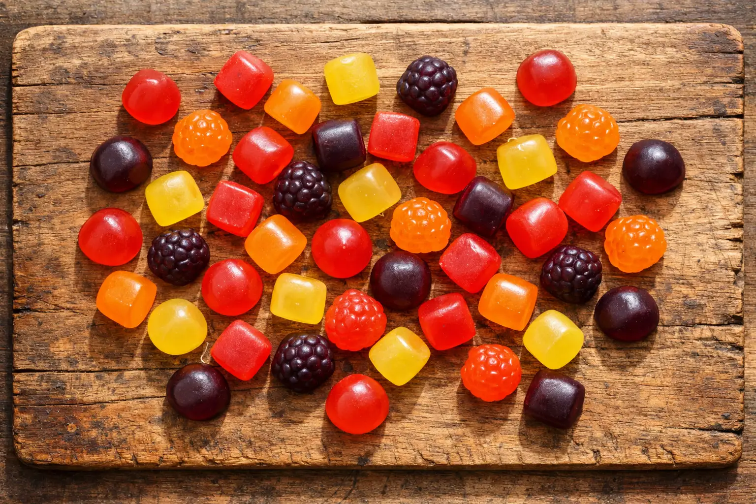 Multivitamínicos en gominola frescos sobre mesa de madera rústica - 15 calorías por 2 gominolas