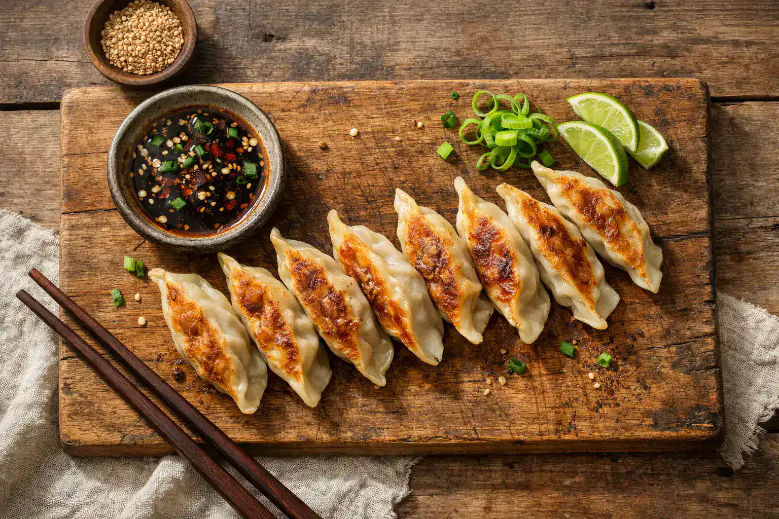 Fresh gyoza dumplings on rustic wooden table - 230 calories per 6 pieces
