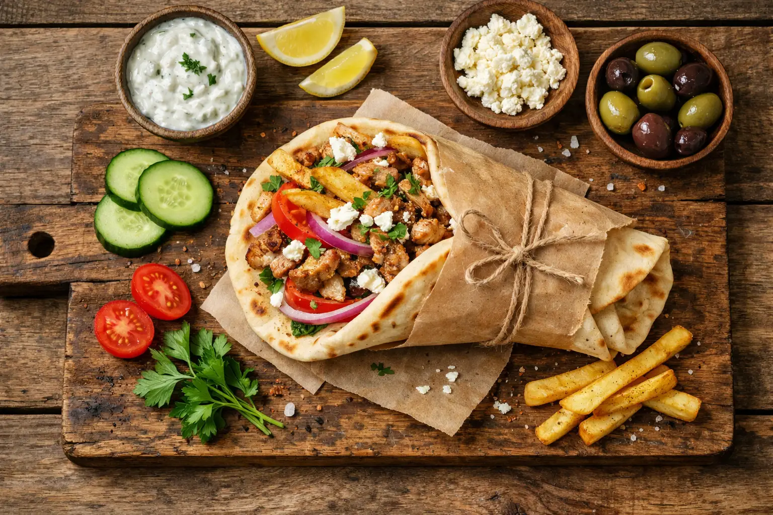 Frischer Gyros-Wrap auf rustikalem Holztisch - 450 Kalorien pro Wrap