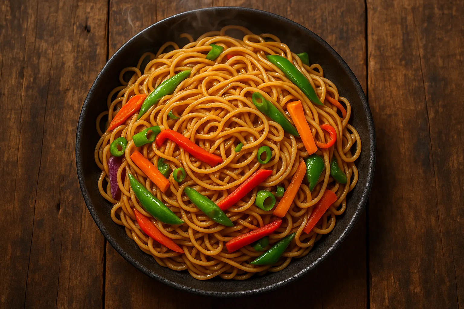 Fresh Hakka noodles on rustic wooden table - 420 calories per cup