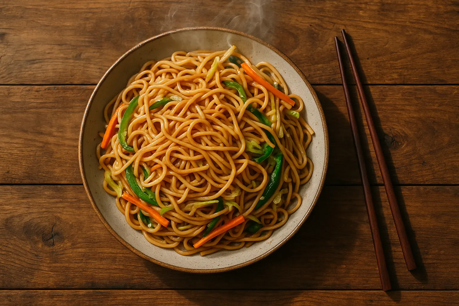 Fresh Hakka noodles on rustic wooden table - 420 calories per cup