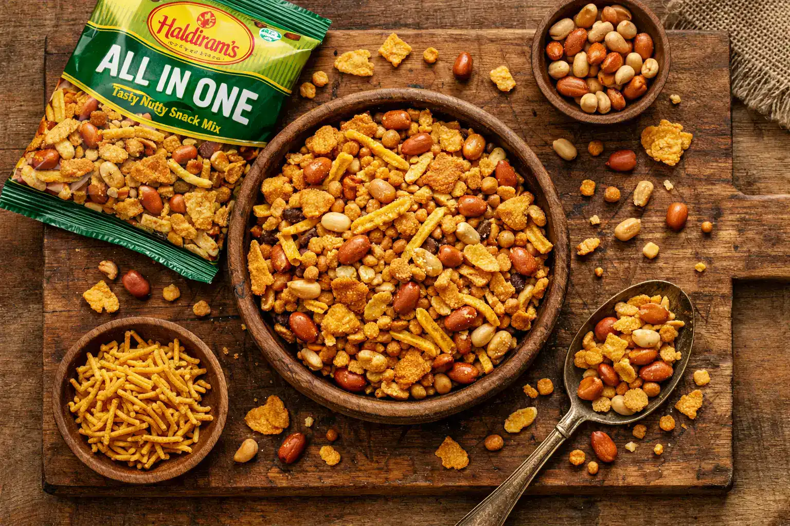 Haldiram's All In One snack mix on rustic wooden table - 161 calories per 30g serving