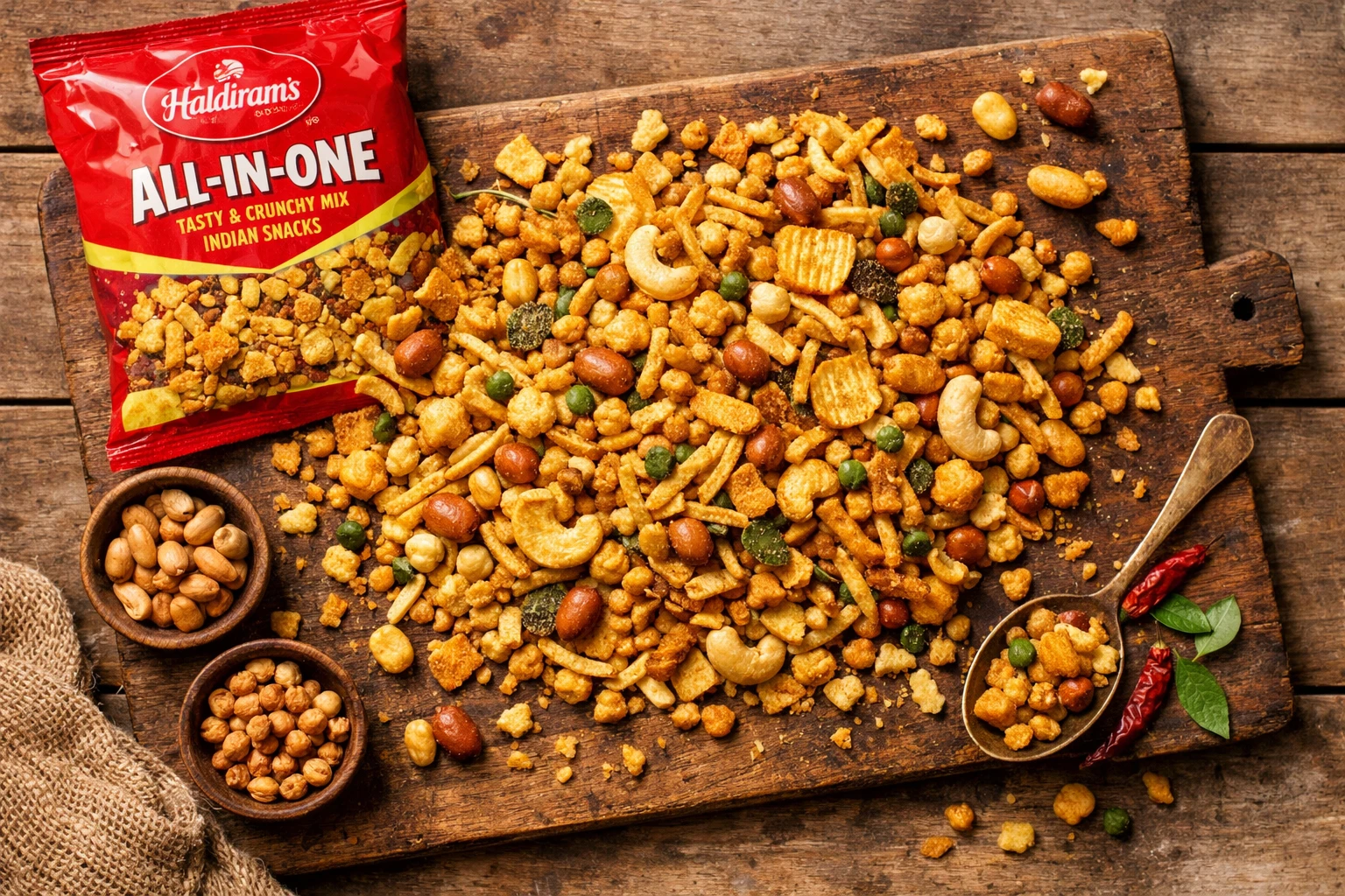 Mélange de collations Haldiram's Tout-in-One dans un bol sur table en bois - 280 calories par 0,25 tasse