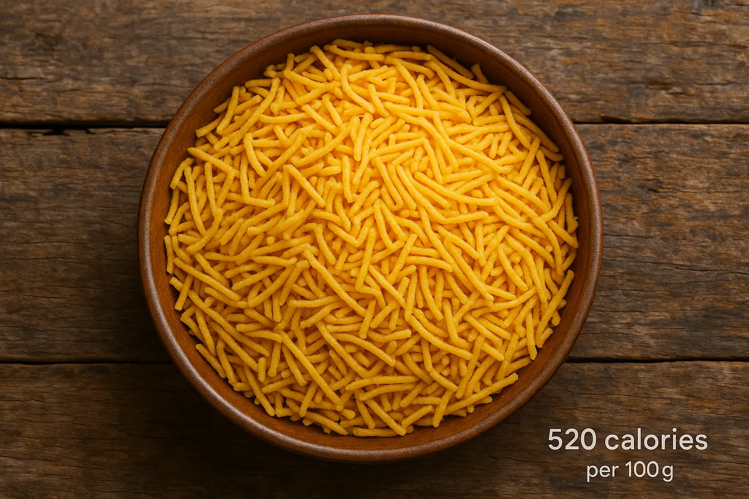 Frisches Haldiram's Aloo Bhujia auf rustikalem Holztisch - 520 Kalorien pro 100 g