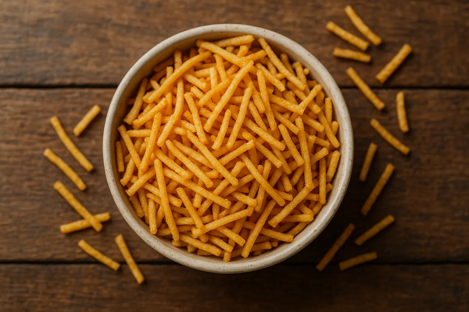 Fresh Haldiram's Aloo Lachha on rustic wooden table - 530 calories per 100g