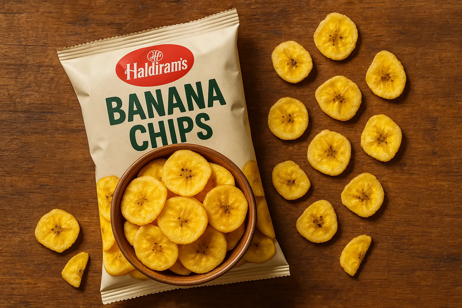 Fresh Haldiram's Banana Chips rustic wooden table पर - 100g में 519 calories