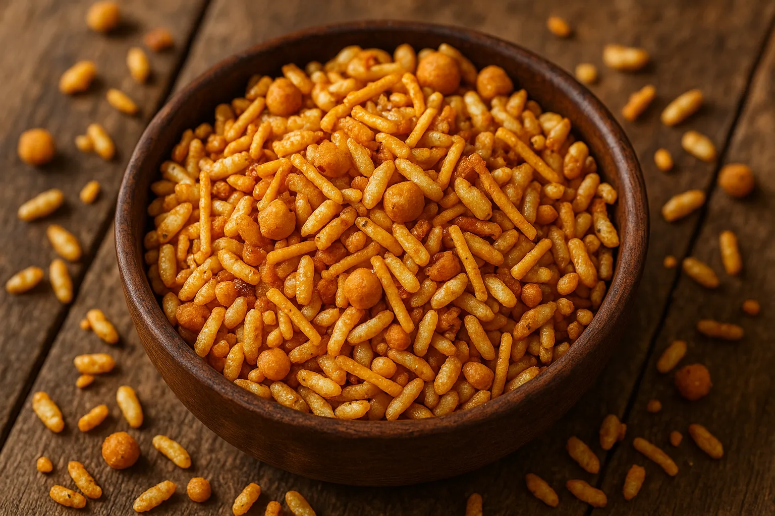 Mélange Haldiram's Bhel Puri sur table en bois rustique - 477 calories pour 100 g