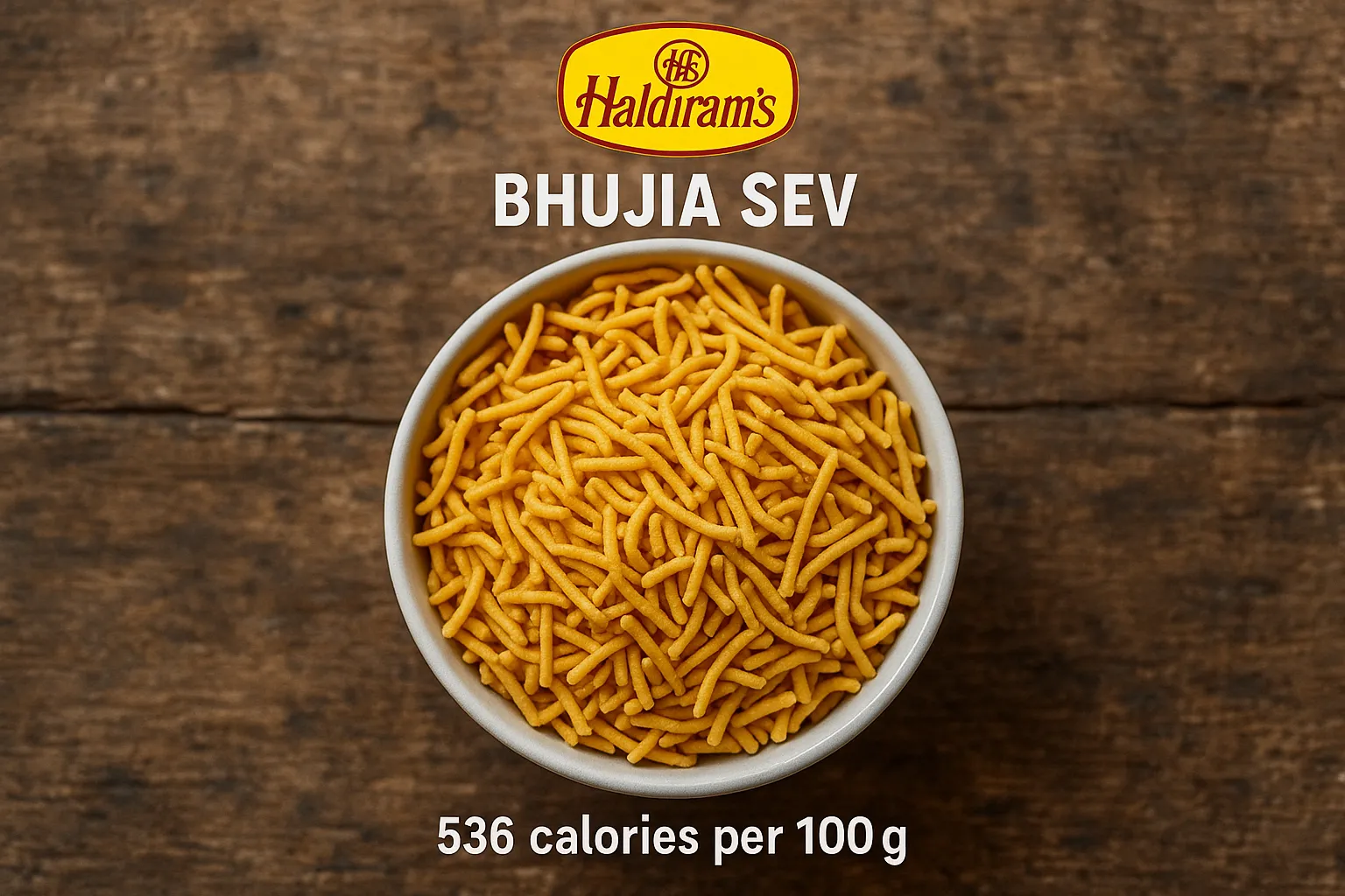 Fresh Haldiram's Bhujia Sev on rustic wooden table - 100g में 536 कैलोरी